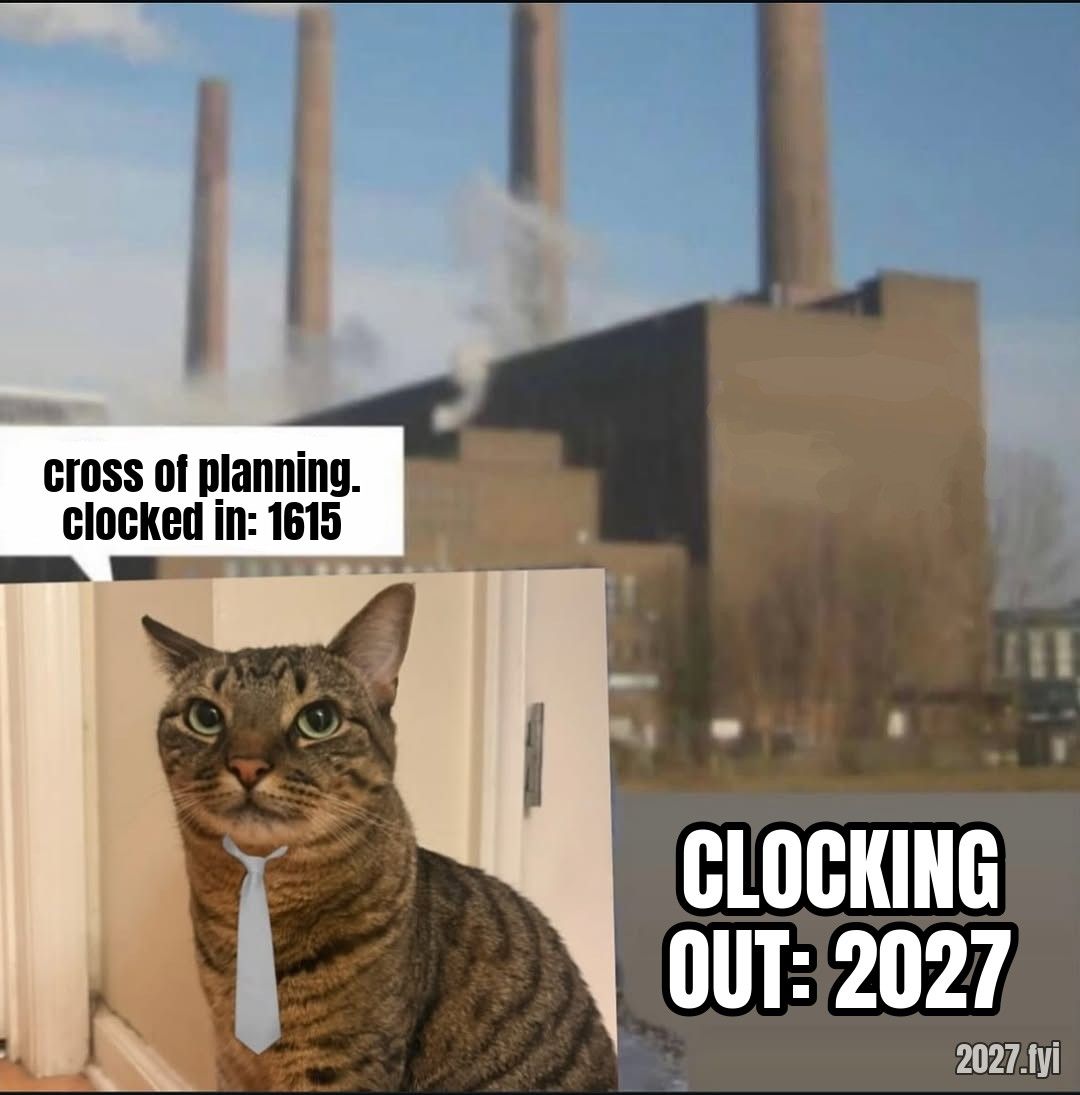 A cat in a tie in front of a factory. cross of planning. clocked in: 1615 / CLOCKING OUT: 2027