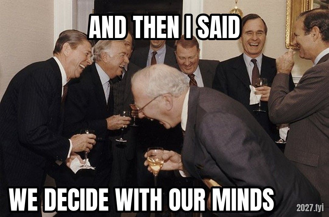 Politicians laughing at a reception. AND THEN I SAID / WE DECIDE WITH OUR MINDS