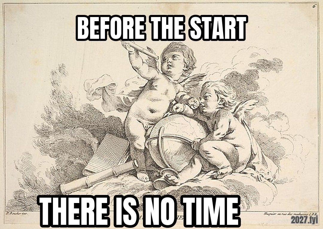 An allegorical print of Astronomy with cherubs and a globe. BEFORE THE START / THERE IS NO TIME