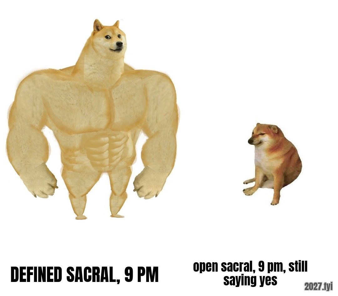 Buff doge and small cheems. DEFINED SACRAL, 9 PM / open sacral, 9 pm, still saying yes