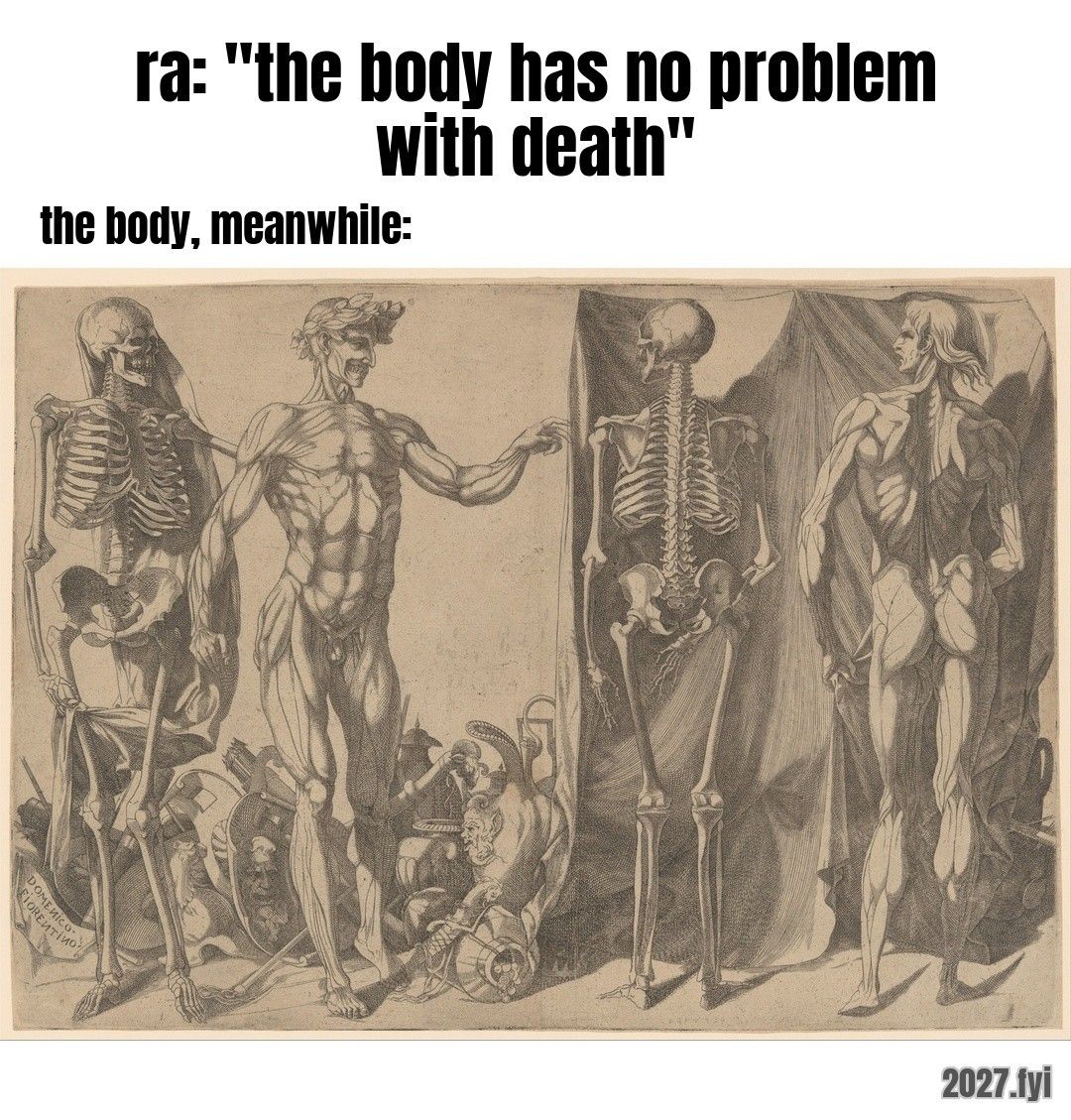 A 16th-century engraving of flayed men chatting with skeletons. ra: "the body has no problem with death" / the body, meanwhile: