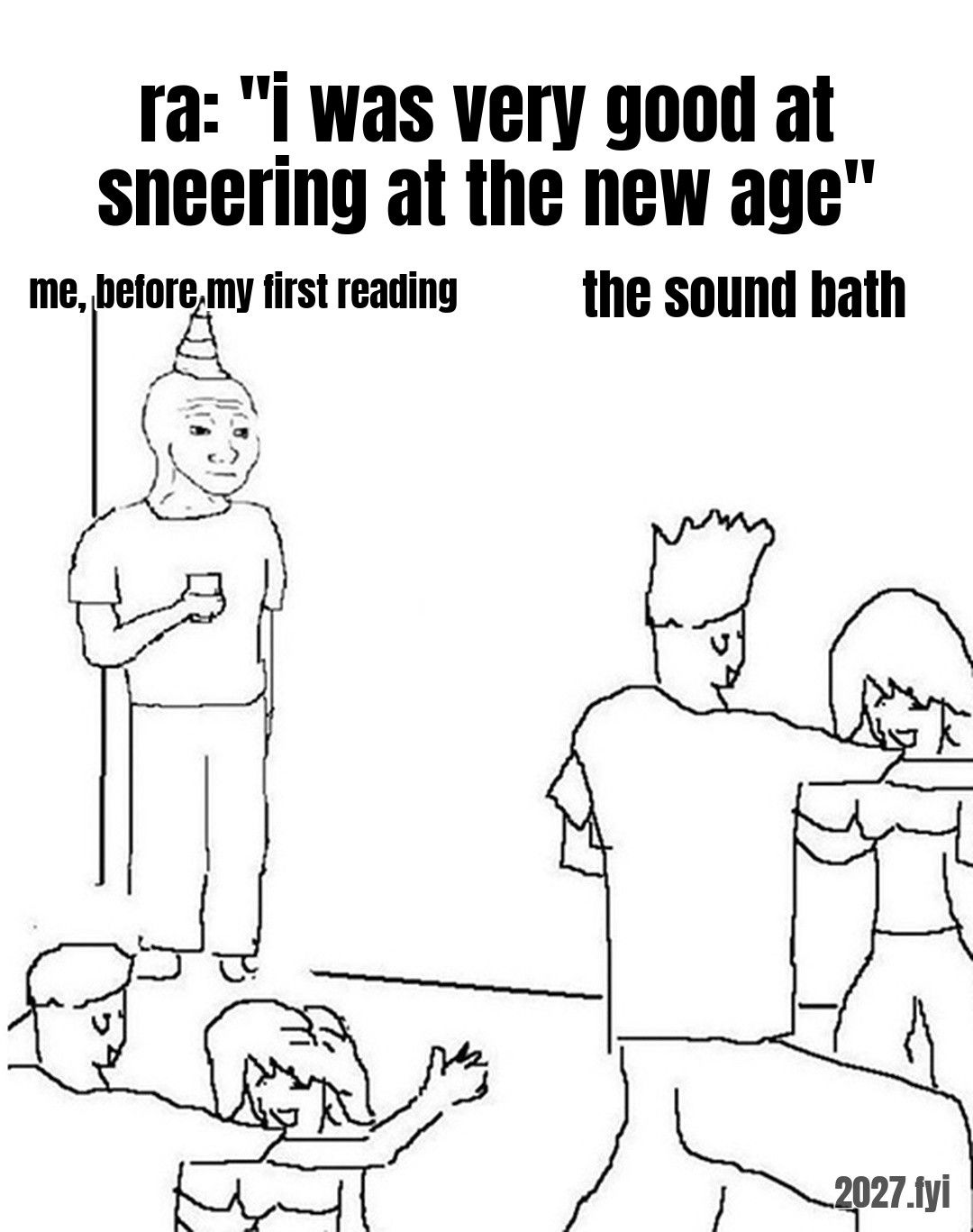 A lone figure in a party hat in the corner, others dancing. ra: "i was very good at sneering at the new age" / me, before my first reading / the sound bath