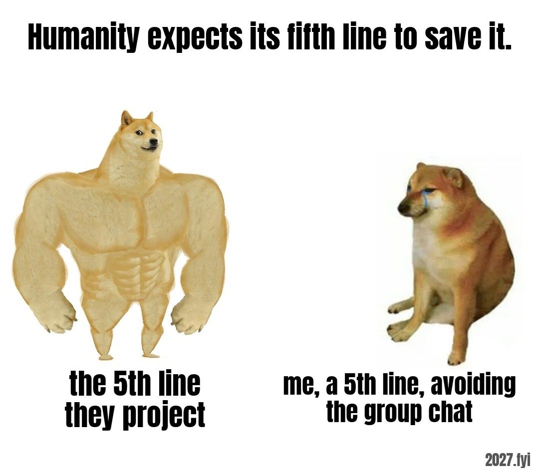 Buff Doge next to a small sitting Cheems. Quote above: "Humanity expects its fifth line to save it." Labels: the 5th line they project / me, a 5th line, avoiding the group chat
