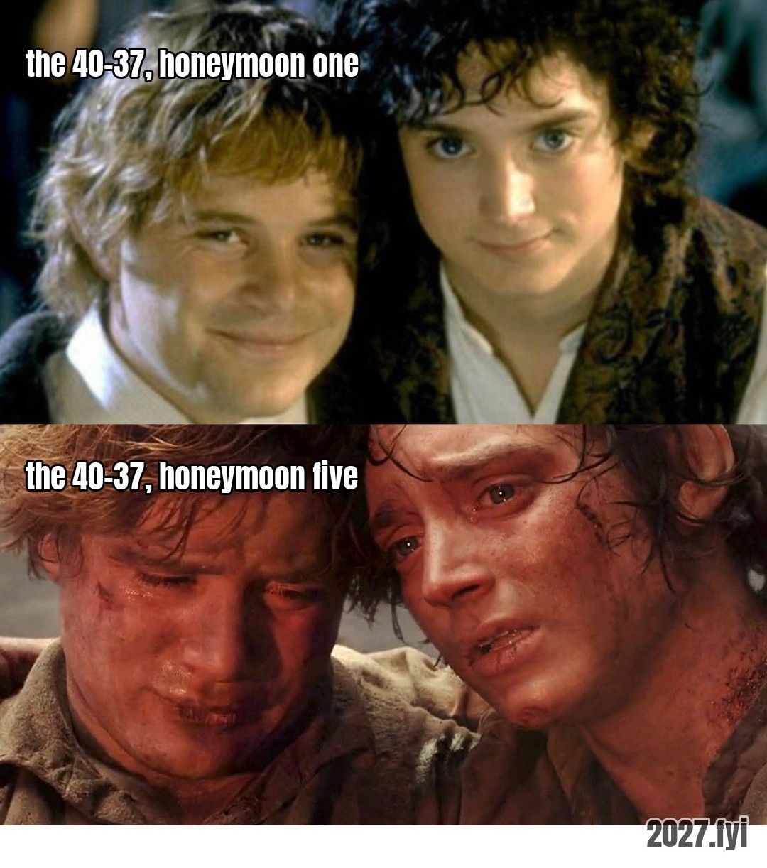 Two panels: Sam and Frodo fresh and smiling, then bloodied and exhausted. ra: "if things are rough, take a honeymoon. second honeymoon, third honeymoon, fourth honeymoon, fifth honeymoon. ah, it's wonderful." / the 40-37, honeymoon one / the 40-37, honeymoon five