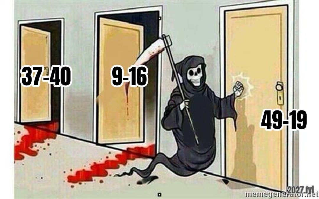 Death has passed the doors 37-40 and 9-16 and is knocking on the door labelled 49-19