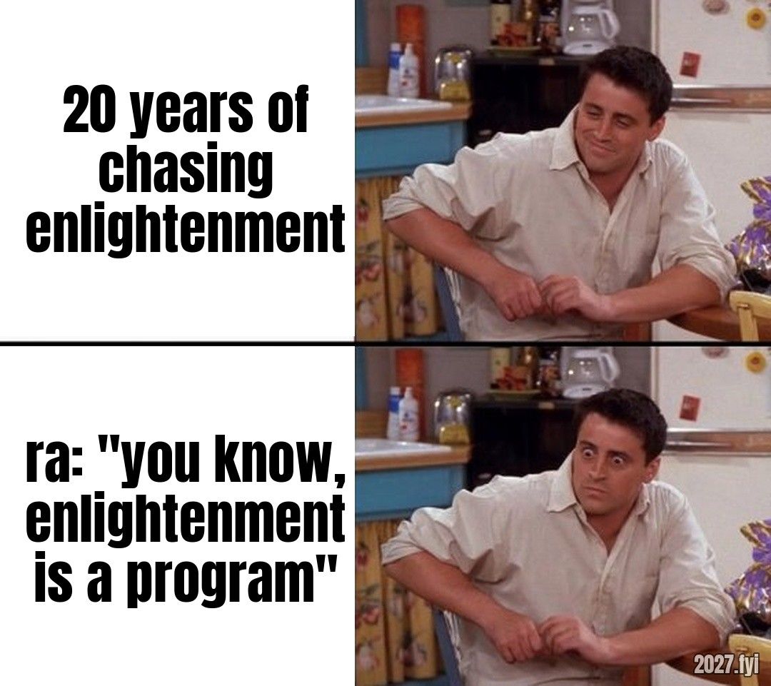 Joey smiling, then wide-eyed. 20 years of chasing enlightenment / ra: "you know, enlightenment is a program"