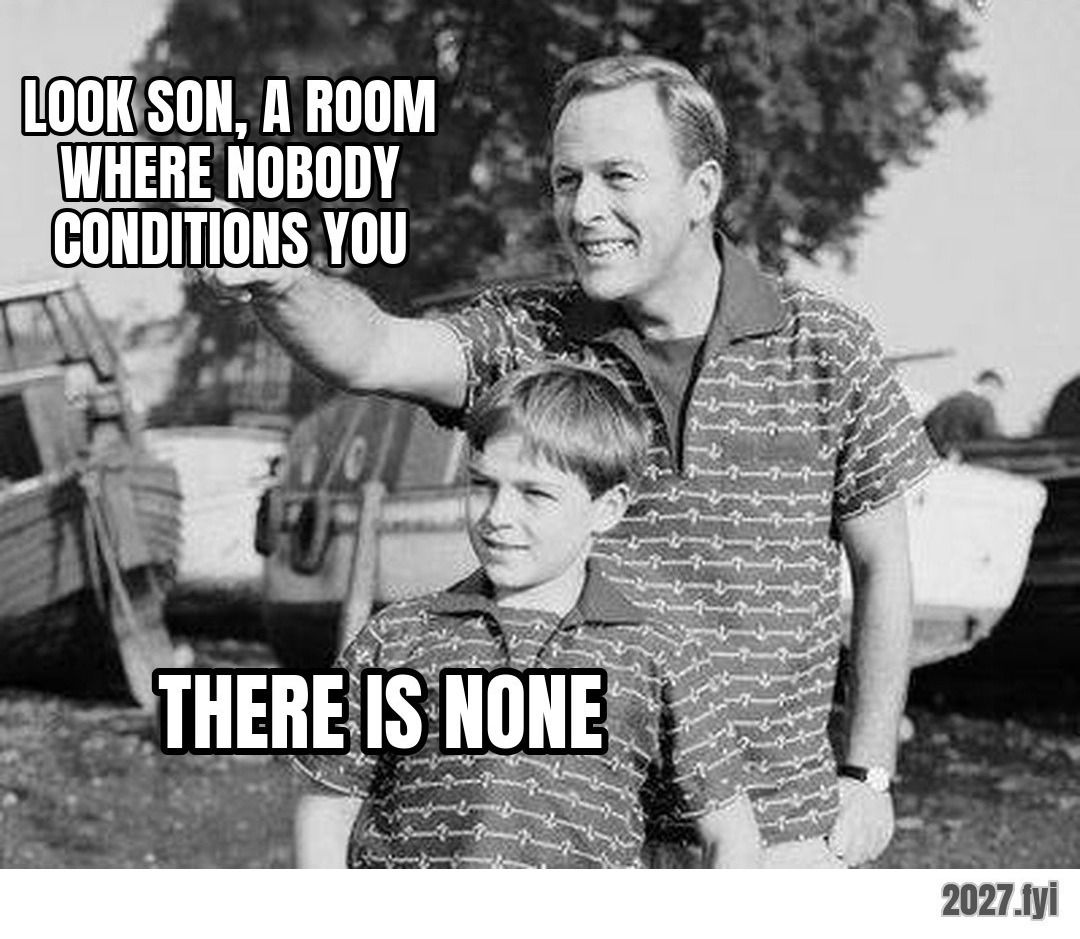 A father points into the distance for his son. ra: "the worst thing that parent can say to you is go to your room, get out of my aura" / look son, a room where nobody conditions you / there is none