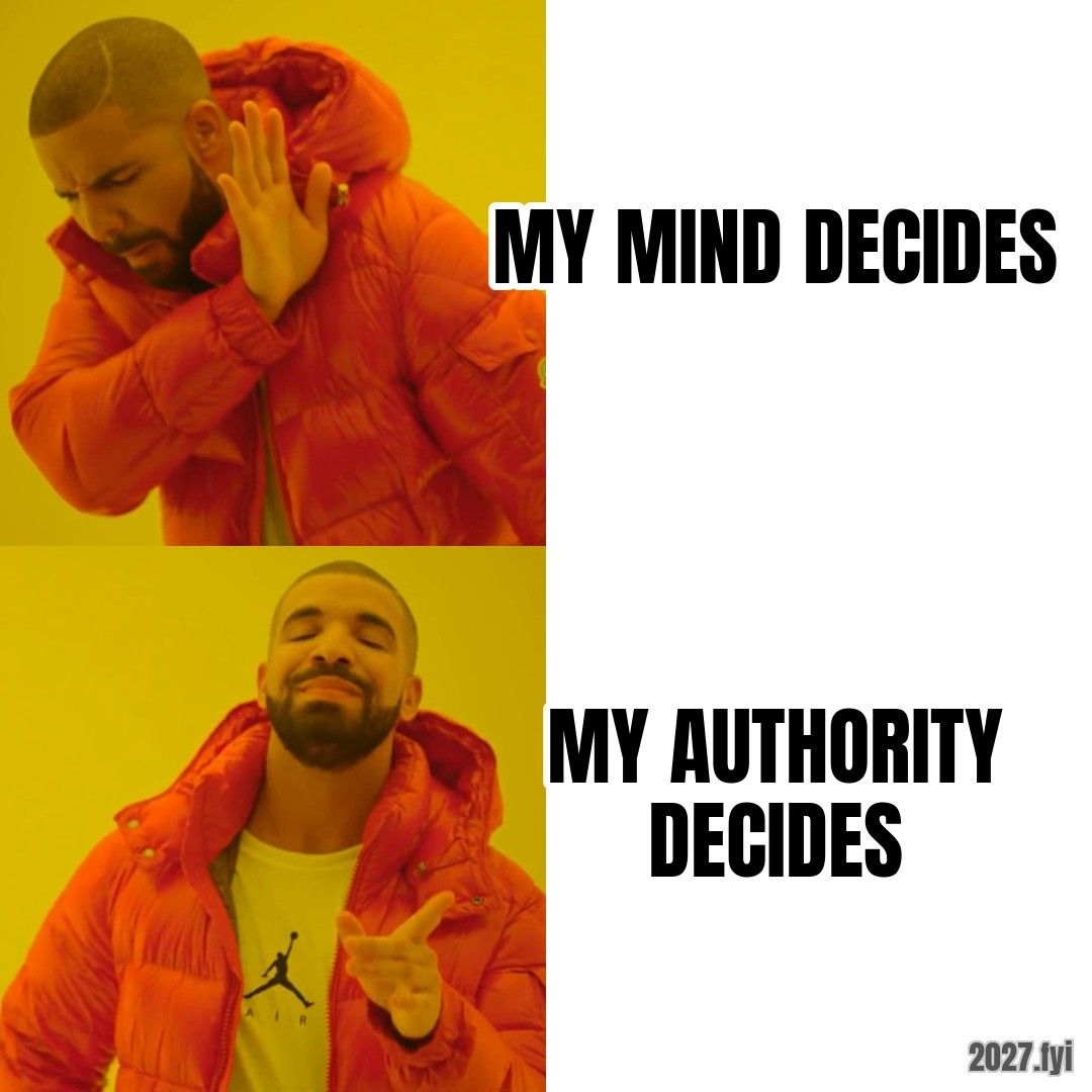 A man in an orange jacket turns away from MY MIND DECIDES and points approvingly at MY AUTHORITY DECIDES