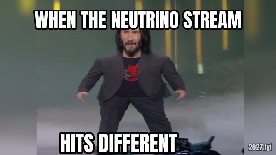 Tiny Keanu striding down a street. WHEN THE NEUTRINO STREAM / HITS DIFFERENT