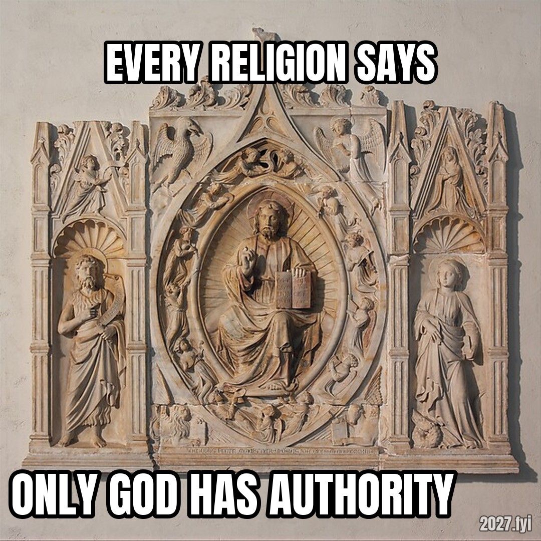 A 1434 carved altarpiece with Christ and saints. EVERY RELIGION SAYS / ONLY GOD HAS AUTHORITY