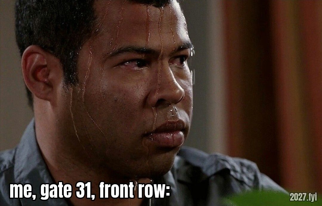 A man sweating heavily, staring ahead. ra: "I didn't want to upset anybody who has this gate. this is where politicians were born. I'll leave it at that." / me, gate 31, front row: