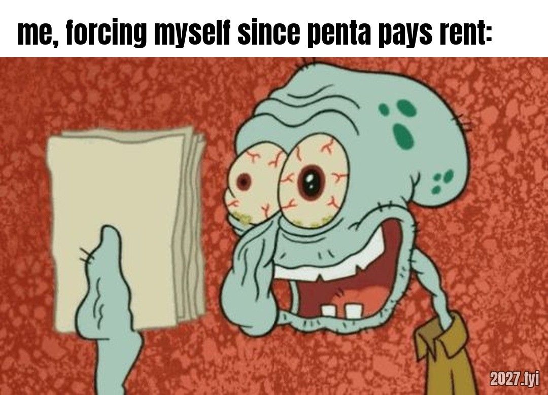 Exhausted Squidward holding papers. ra: "it is penta that dominates the material plane" / me, in my fourth team meeting today: