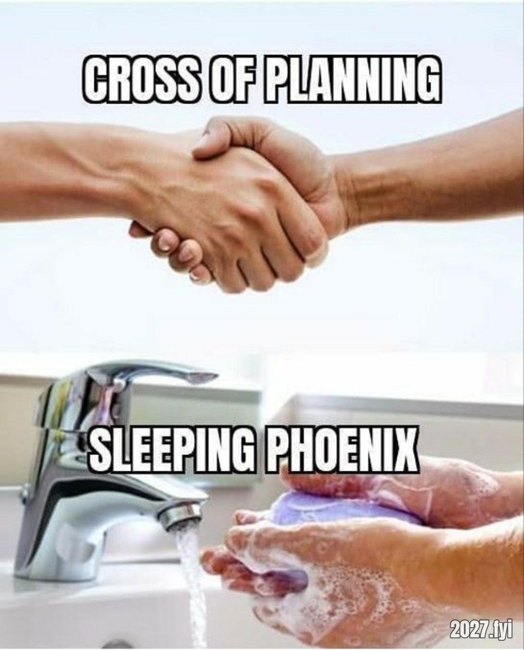 A handshake labelled CROSS OF PLANNING above hands being washed with soap labelled SLEEPING PHOENIX