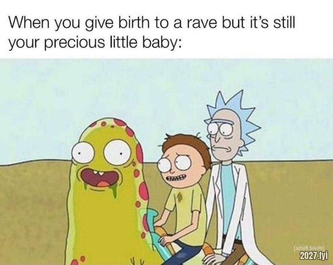 A cartoon family with a strange yellow creature. When you give birth to a rave but it's still your precious little baby: