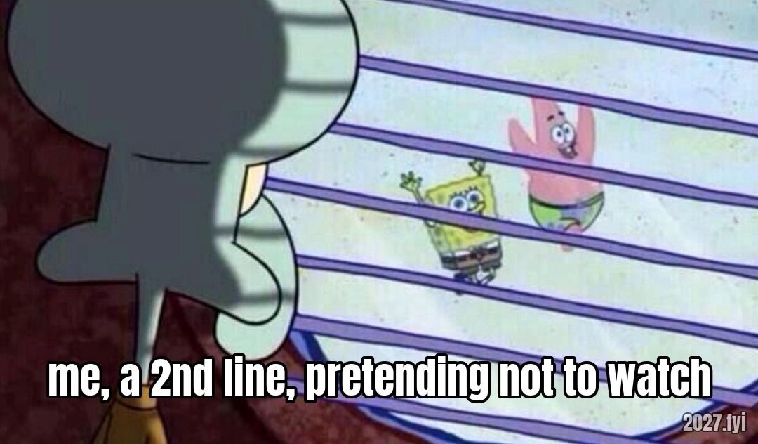 A cartoon character seen from behind, peering through window blinds at two friends playing outside. Quote above: "Don't bother me. I'm busy. The reality is the second line. Beings don't want to be bothered." Label: me, a 2nd line, pretending not to watch