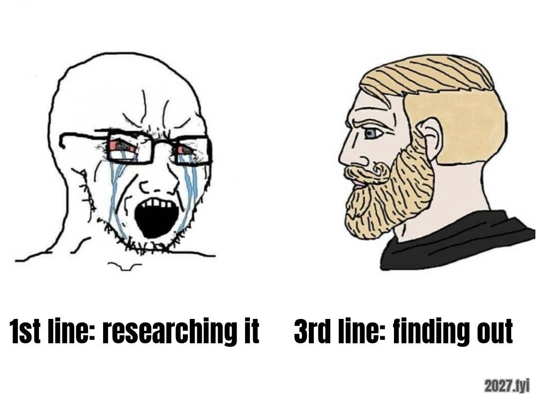Crying soyjak and calm chad. 1st line: researching it / 3rd line: finding out