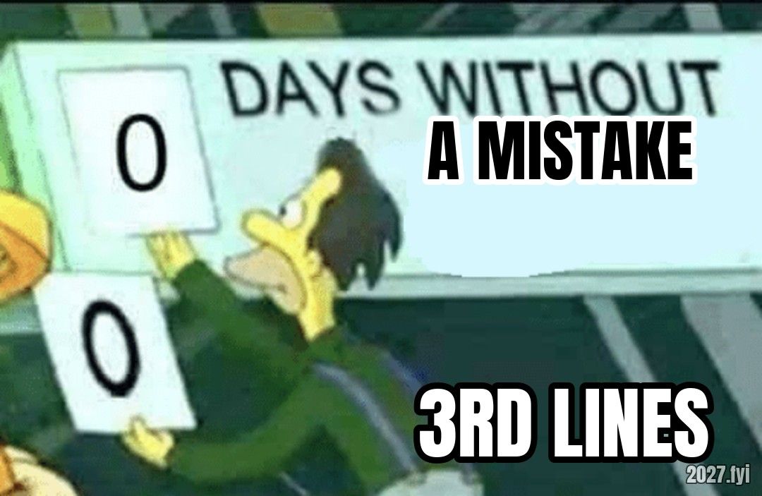 Lenny resets the sign 0 DAYS WITHOUT A MISTAKE, labelled 3RD LINES