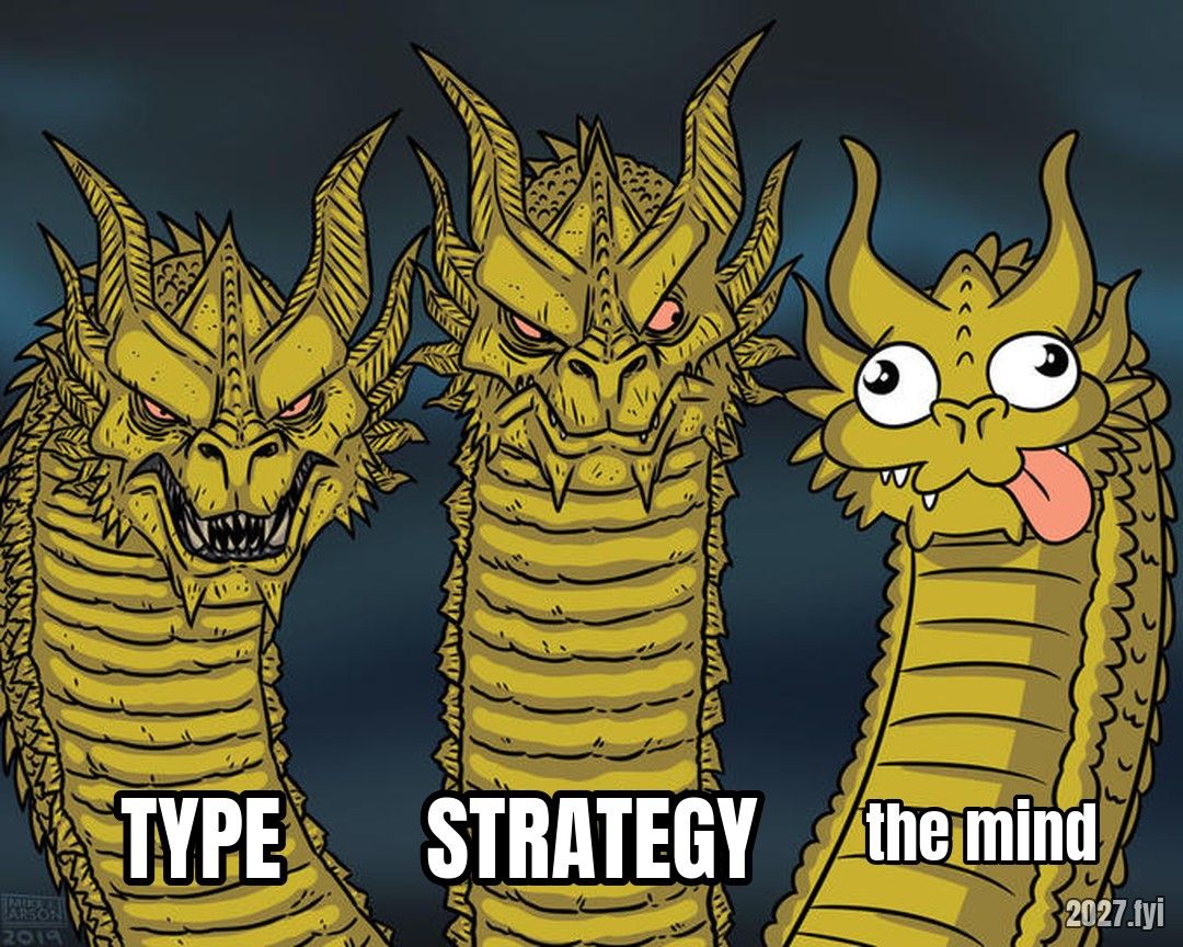 Three dragon heads: two fierce ones labelled TYPE and STRATEGY, a goofy one labelled the mind