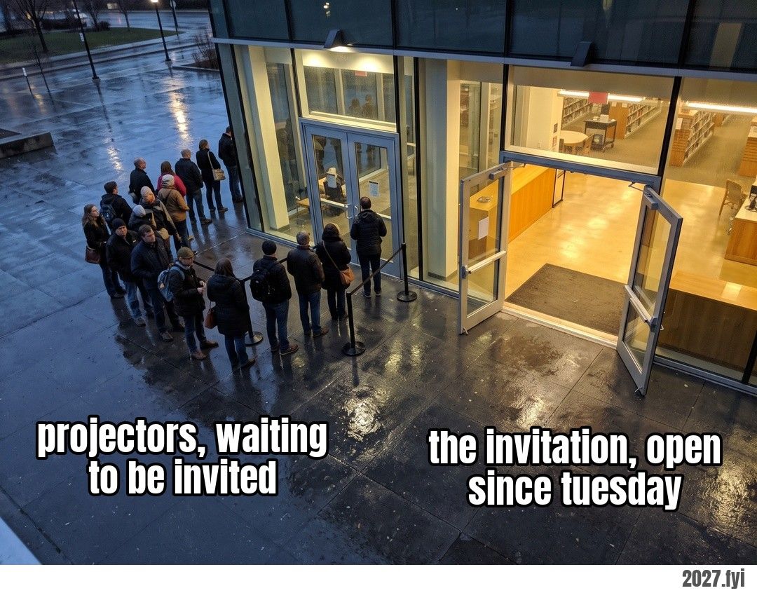 Seen from above at dusk: a long queue of adults waits at a closed glass door on wet pavement, while the door next to it stands wide open, lit and empty. projectors, waiting to be invited / the invitation, open since tuesday