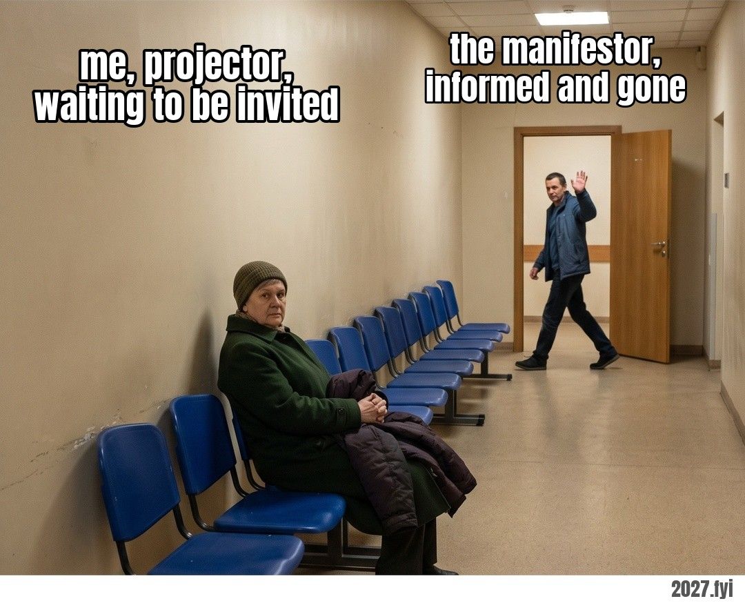 An institutional corridor: a woman in a coat sits on a blue chair, hands folded, looking at the camera; further back a man walks through an open door, hand raised in passing. me, projector, waiting to be invited / the manifestor, informed and gone