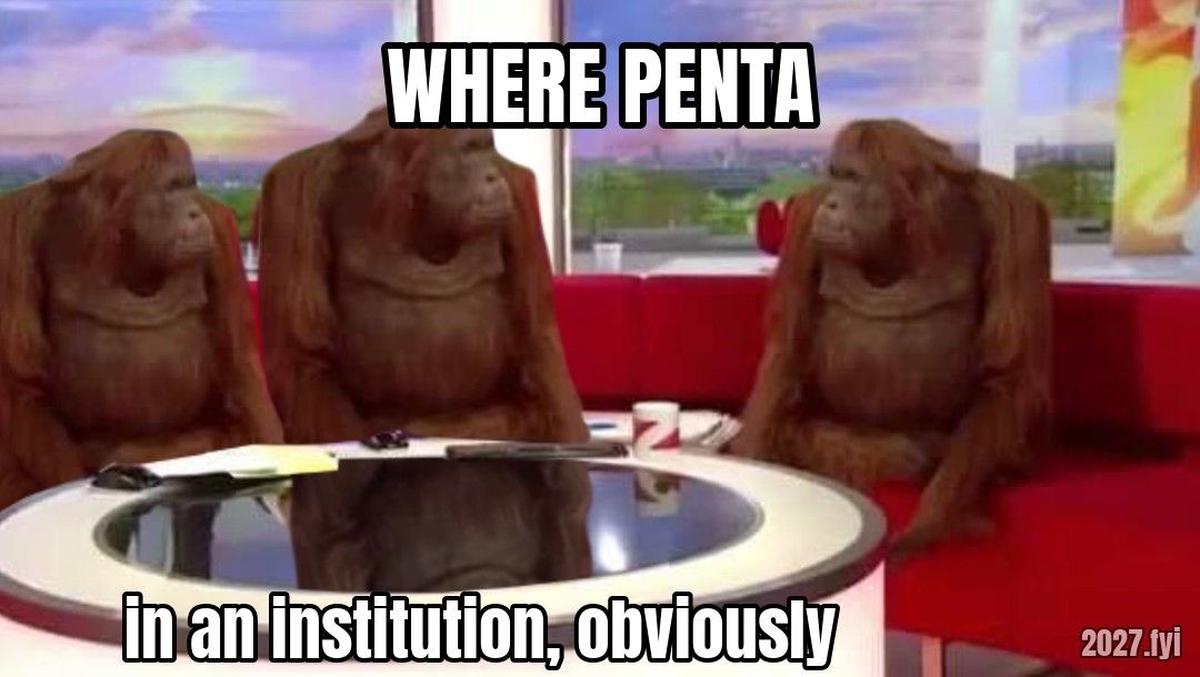 Orangutans sitting around an empty table. WHERE PENTA / in an institution, obviously